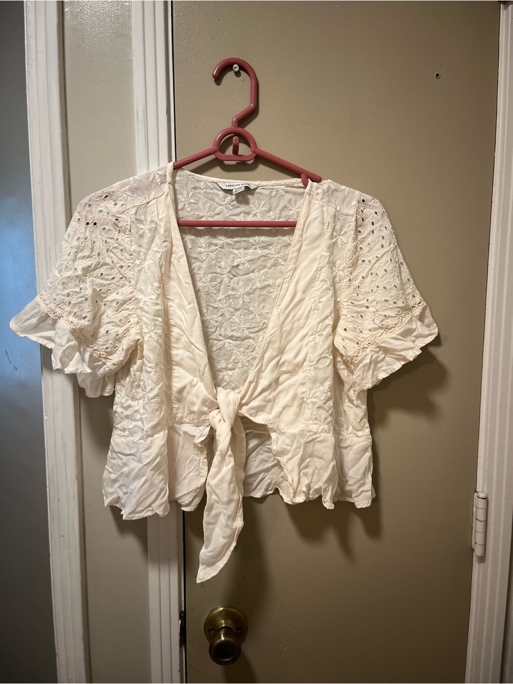 American Eagle Outfitters Cream Eyelet Tie-Front Blouse